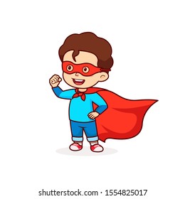 Comic Boy kids in superhero costume wearing mask, cartoon vector illustration