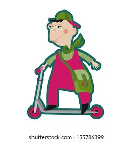 Comic boy on scooter