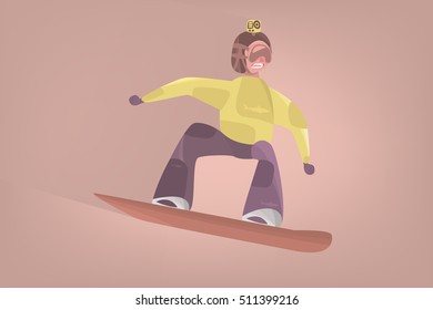 Comic boy on snowboard. Vector cartoon isolated character. Snowboarder makes freestyle jump.