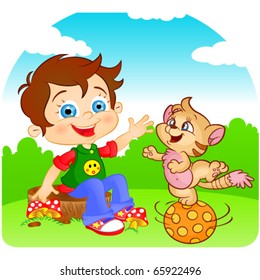 comic boy and playful fun cat cartoon