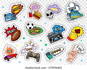 Comic Boys Stickers Set With Colorful Sport Food Music And Fashion Patches On Transparent Background Isolated Vector Illustration