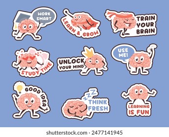 Comic brain character mental smart mascot with motivation phrase sticker set vector illustration. Funny smart mascot superhero sport love studying education king inspiration good idea sleep awareness