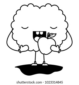 comic brain eating apple kawaii character