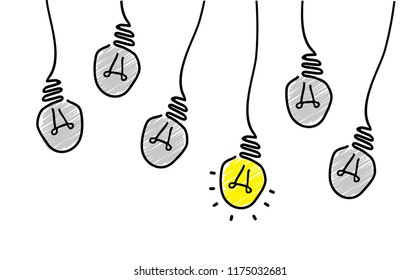 Comic brain electric hanging lamp idea doodle FAQ, business loading concept Fun vector creative light bulb icon or sign ideas Brilliant lightbulb education  or inventions pictogram Think big.