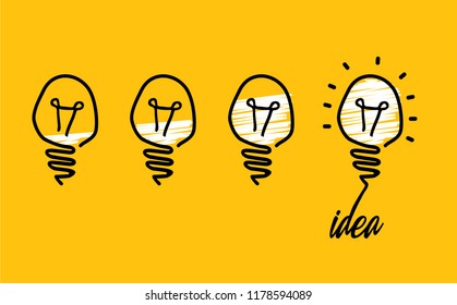 Comic brain electric lamp idea doodle FAQ, business loading concept Fun vector creative light bulb icon or sign ideas Brilliant lightbulb education  or inventions pictogram Think big Great success 