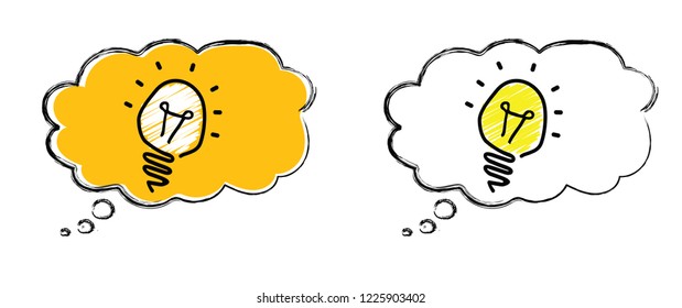 Comic brain electric lamp idea doodle FAQ, business loading concept Fun vector creative light bulb icon or sign ideas Brilliant lightbulb education  or inventions pictogram Think big Great success lol
