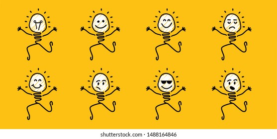 Comic brain electric lamp idea doodle FAQ, business loading concept Fun vector creative light bulb icon or sign ideas Brilliant lightbulb education  or inventions pictogram Think big Great stickman