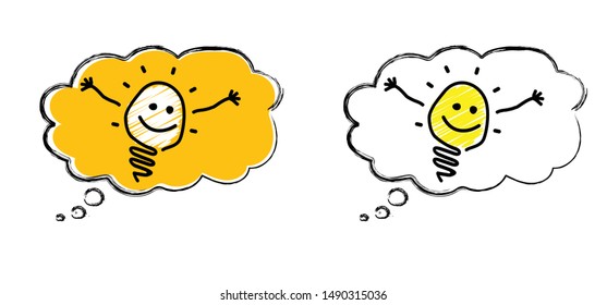 Comic brain electric lamp idea doodle FAQ, business loading concept Fun vector creative light bulb icon or sign ideas Brilliant lightbulb education  or inventions pictogram Think big Great success lol