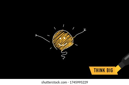 Comic brain electric lamp idea. Think big. Vector illustration. Black background