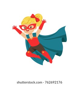 Comic brave flying kid in superhero costume with red mask and gloves, blue cape developing in the wind. Children s game. Vector super girl character.