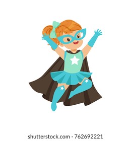 Comic brave kid in superhero blue costume with mask and developing in the wind black cape, flying with hands up.