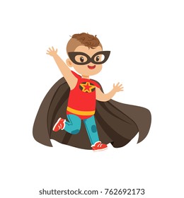 Comic brave kid with trendy haircut in colorful superhero costume. Children s game. Vector cartoon flat super boy character.