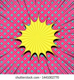 Comic bright abstract template with yellow speech bubble radial dotted and rays effects in light colors. Vector illustration