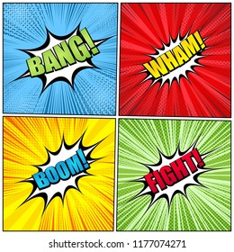 Comic bright backgrounds collection with Bang Wham Boom Fight wordings speech bubbles wordings rays radial and halftone effects. Vector illustration