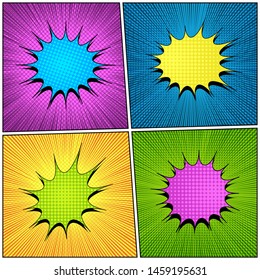 Comic bright backgrounds concept with blank colorful speech bubbles dotted and explosive rays effects. Vector illustration