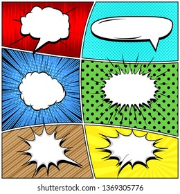 Comic bright backgrounds with white speech bubbles of different shapes halftone radial dotted rays and slanted lines effects. Vector illustration