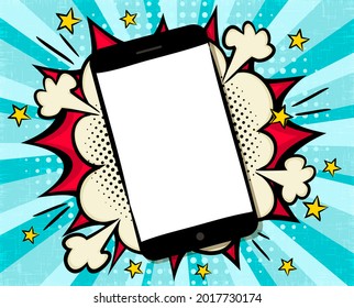 Comic bright banner with mobile phone on explosion background. Bubbles, smartphone and stars in pop art style. Template for web design, banners, cards, coupons and posters. Vector illustration