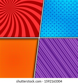 Comic bright colorful composition with radial stripes halftone dotted humor effects. Vector illustration