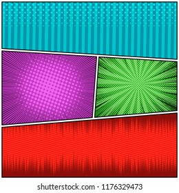 Comic bright colorful concept with blank frames straight and slanted lines radial rays halftone humor effects. Vector illustration