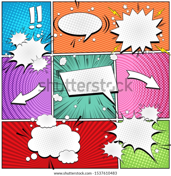 Comic bright\
composition with blank speech bubbles of different shapes arrows\
stars exclamation points rays sound rays on background with various\
humor effects. Vector\
illustration