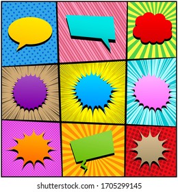 Composición cómica brillante con coloridas burbujas de habla y marcos con diferentes efectos de humor. Ilustración del vector