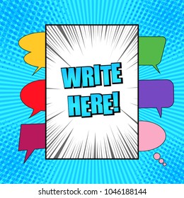 Comic bright concept with white frame for text colorful speech bubbles dotted halftone and rays humor effects on blue radial background. Vector illustration
