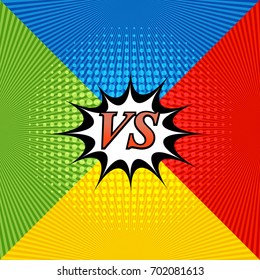 Comic bright confrontation background with four opposite sides, speech bubble, radial and halftone effects in blue, yellow, red and green colors. Challenge template. Vector illustration
