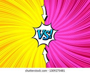 Comic bright duel concept with white speech bubble arrows VS blue inscription twisted rays halftone radial humor effects. Vector illustration
