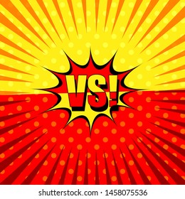 Comic bright duel template with speech bubble VS wording red and yellow beams dotted humor effects. Vector illustration