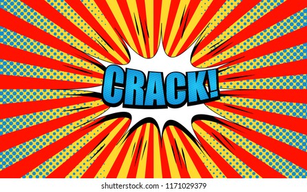 Comic bright dynamic template with Crack wording white speech bubble red radial and blue halftone humor effects on yellow background. Vector illustration