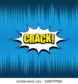 Comic bright elegant concept with yellow Crack inscription, white speech bubble, rays dots effects on blue background. Vector illustration