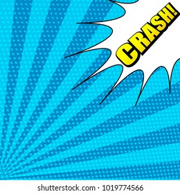 Comic bright elegant template with yellow Crash inscription white speech cloud dotted effects on blue radial background. Vector illustration
