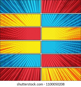 Comic bright explosive background with radial rays halftone humor effects in yellow red blue colors. Vector illustration