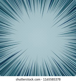Comic bright explosive background with rays and halftone humor effects. Vector illustration
