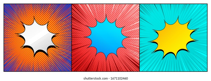 Comic bright explosive backgrounds with blank speech bubbles rays radial and halftone effects. Vector illustration