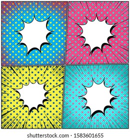 Comic bright explosive colorful composition with blank speech bubbles rays halftone dotted effects. Vector illustration