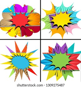 Comic bright explosive composition with colorful blank speech bubbles cloud shapes cut out of paper sound stars lightnings halftone radial and rays effects. Vector illustration