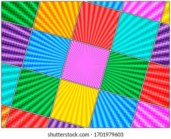 Comic bright explosive composition of colorful frames with radial and halftone effects. Vector illustration