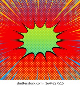 Comic bright explosive concept with green speech bubble yellow and blue rays and halftone effects on red background. Vector illustration