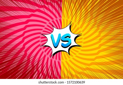 Comic bright explosive duel concept with blue VS letters white speech bubble spiral lightnings and rays in yellow and red colors. Vector illustration