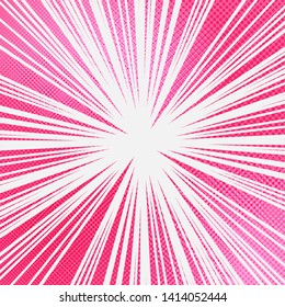 Comic bright explosive pink template with light rays and halftone effects. Vector illustration
