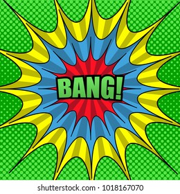 Comic bright funny template with Bang inscription red speech bubble in blue blot in yellow cloud radial effects on green dotted background. Vector illustration