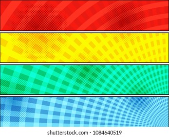 Comic bright horizontal banners with circles radial and halftone humor effects in red yellow green blue colors. Vector illustration