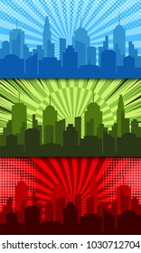 Comic bright horizontal banners with cityscapes radial dotted and rays humor effects in blue green red colors. Vector illustration