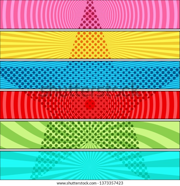 Comic bright horizontal banners with\
halftone star shape radial slanted lines and circles humor effects.\
Vector illustration