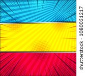 Comic bright horizontal banners with radial halftone and rays humor effects in blue red yellow colors. Vector illustration