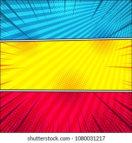 Comic bright horizontal banners with radial halftone and rays humor effects in blue red yellow colors. Vector illustration