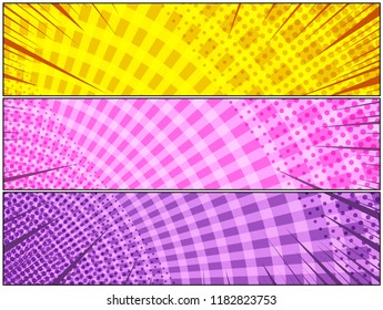 Comic bright horizontal banners with radial circles rays halftone humor effects in yellow pink purple colors. Vector illustration
