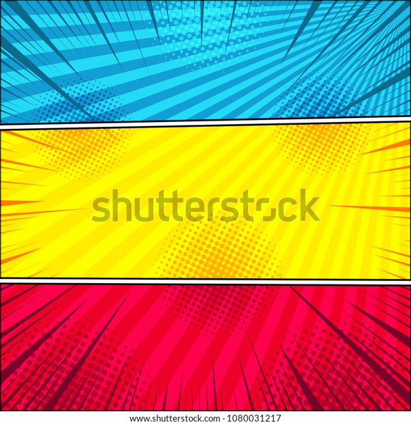 Comic bright horizontal banners with radial\
halftone and rays humor effects in blue red yellow colors. Vector\
illustration