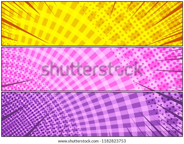 Comic bright horizontal banners with radial\
circles rays halftone humor effects in yellow pink purple colors.\
Vector illustration